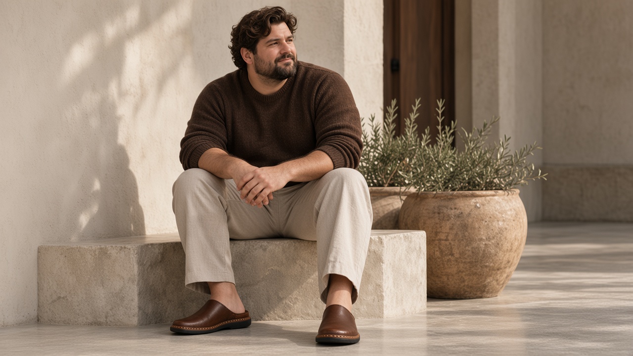A man in a brown crew knit, stone trousers, and the Landon mule